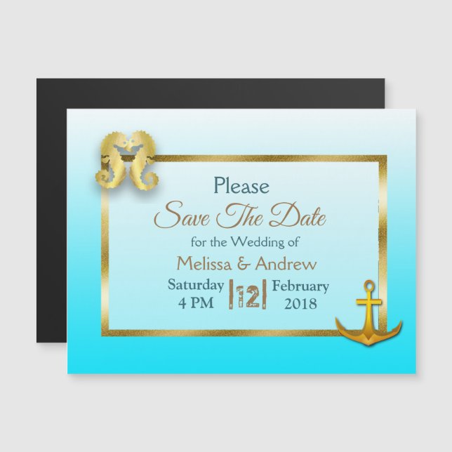 Blue and Faux Gold Nautical Save the Date Magnet (Front/Back)