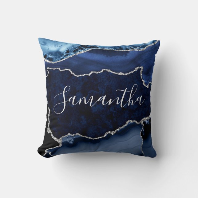 Blue and Faux Silver Glitter Marble Agate Cushion (Front)