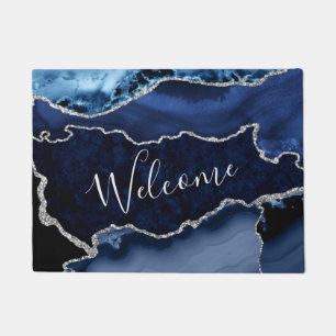 Blue and Faux Silver Glitter Marble Agate Doormat