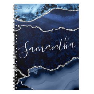 Blue and Faux Silver Glitter Marble Agate Notebook