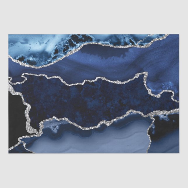 Blue and Faux Silver Glitter Marble Agate Tissue Paper (Front)