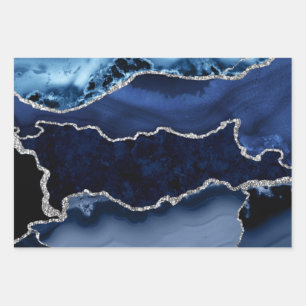Blue and Faux Silver Glitter Marble Agate Wrapping Paper Sheet