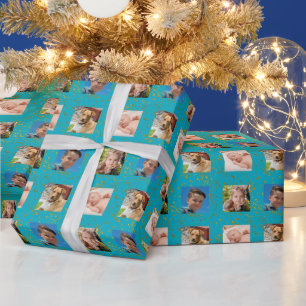 Blue and Glitter Photo Holiday Wrapping Paper