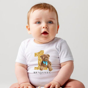Blue and Gold 1st Birthday Teddy Bear Baby T-Shirt