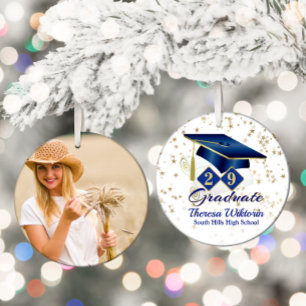 Blue and Gold 20xx Graduate Photo Ceramic Ornament