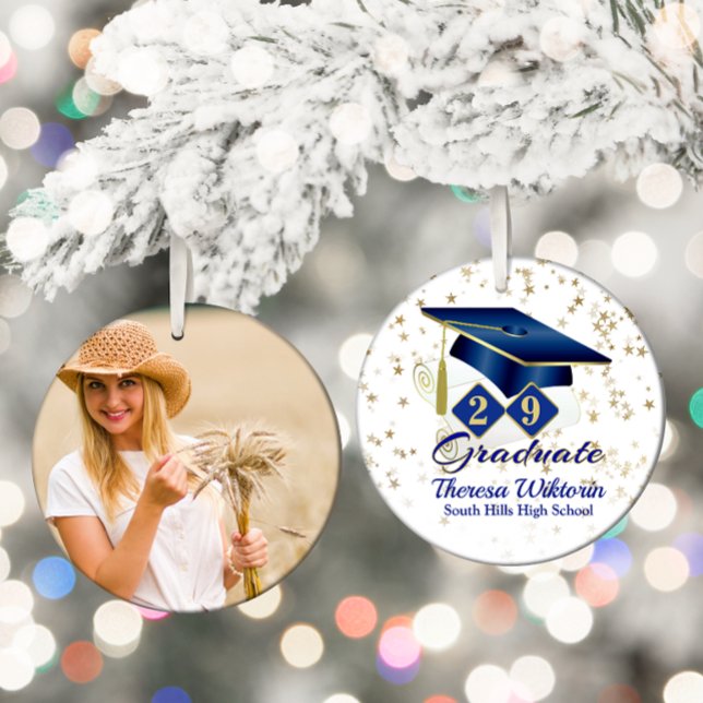 Blue and Gold 20xx Graduate Photo Ceramic Ornament (Blue and Gold Graduate Photo Ceramic Ornament)