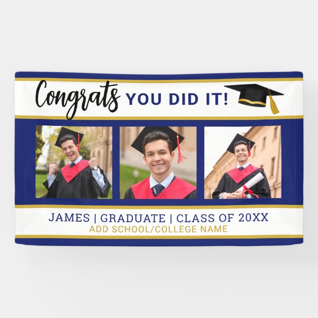 Blue And Gold 3 Photo Collage Congrats Grad 2025 Banner (Horizontal)