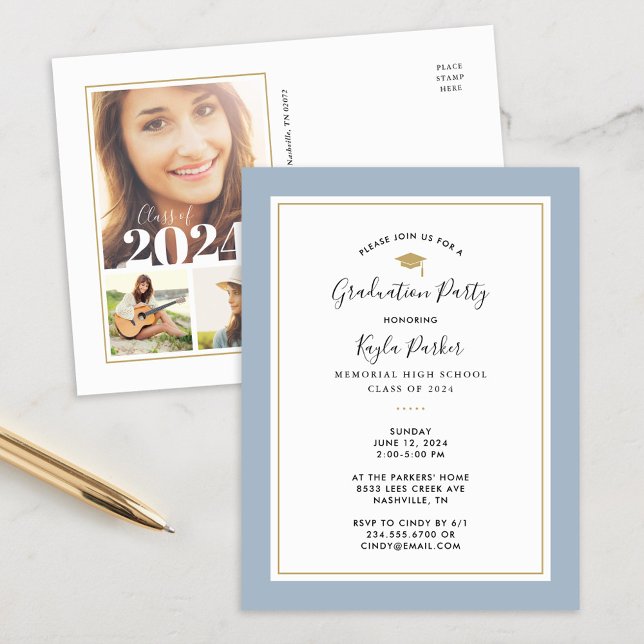 Blue and Gold 3 Photo Graduation Party Invitation (Creator Uploaded)
