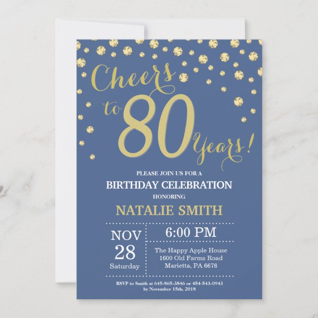 Blue and Gold 80th Birthday Diamond Invitation (Front)
