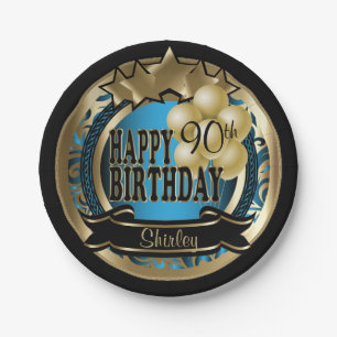 Blue and Gold Abstract 00th Birthday Star Paper Plate