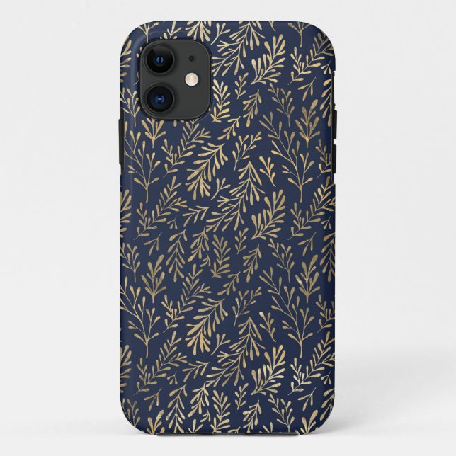 Blue and Gold Abstract Art Deco Leaves Pattern  Case-Mate iPhone Case (Back)