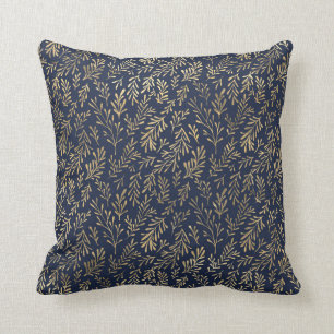 Blue and Gold Abstract Art Deco Leaves Pattern Cushion