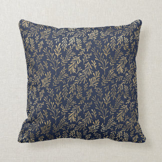 Blue and Gold Abstract Art Deco Leaves Pattern Cushion