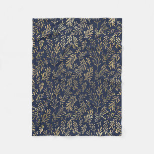 Blue and Gold Abstract Art Deco Leaves Pattern Fleece Blanket
