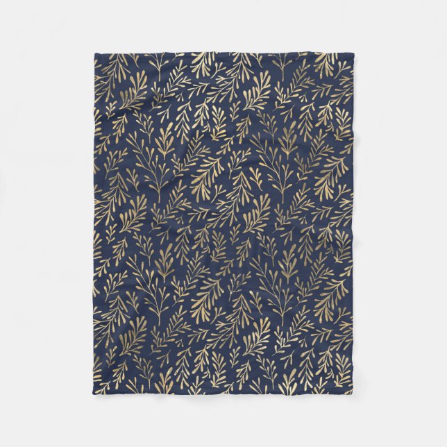 Blue and Gold Abstract Art Deco Leaves Pattern  Fleece Blanket (Front)