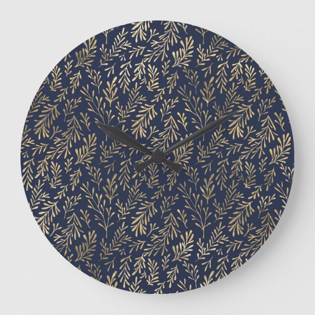 Blue and Gold Abstract Art Deco Leaves Pattern  Large Clock (Front)