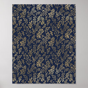 Blue and Gold Abstract Art Deco Leaves Pattern Poster
