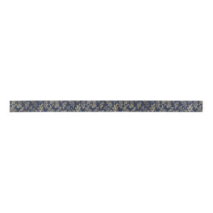 Blue and Gold Abstract Art Deco Leaves Pattern  Satin Ribbon