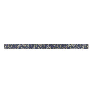 Blue and Gold Abstract Art Deco Leaves Pattern  Satin Ribbon