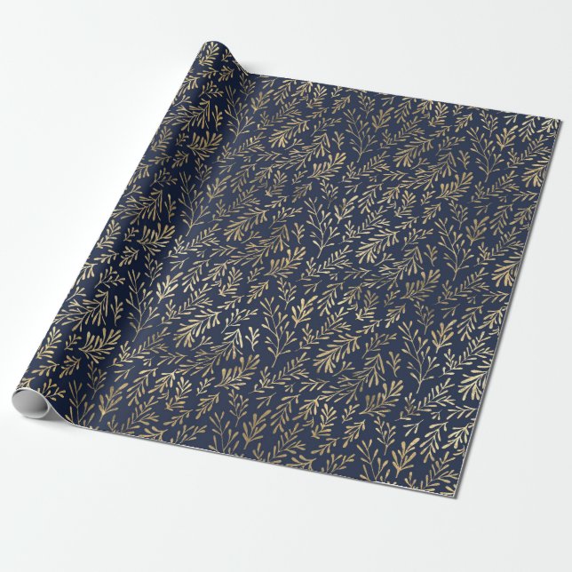 Blue and Gold Abstract Art Deco Leaves Pattern  Wrapping Paper (Unrolled)