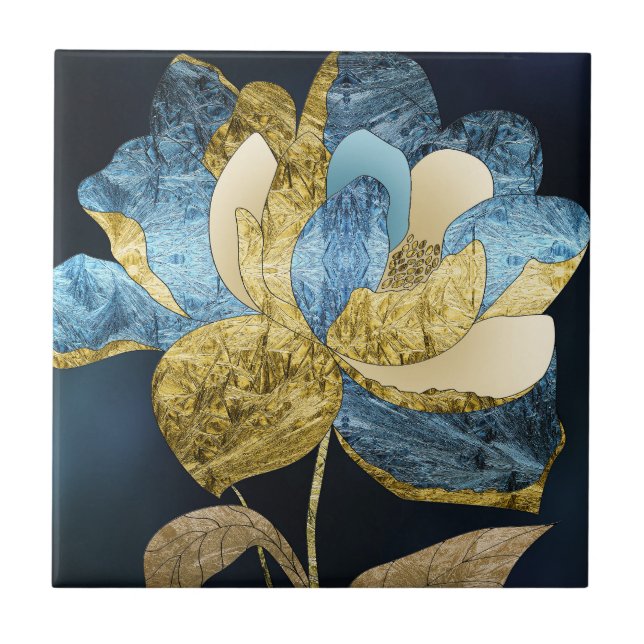 Blue and Gold Abstract Flower with Textured Petals Ceramic Tile (Front)