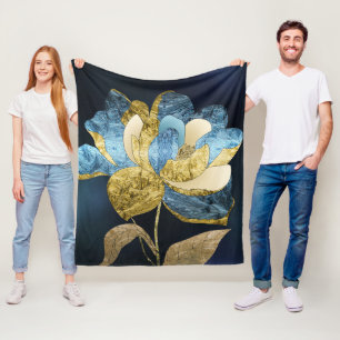 Blue and Gold Abstract Flower with Textured Petals Fleece Blanket