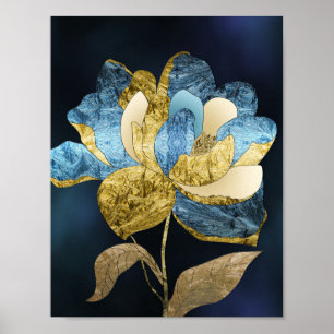 Blue and Gold Abstract Flower with Textured Petals Poster