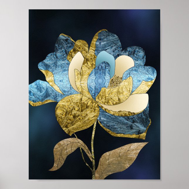 Blue and Gold Abstract Flower with Textured Petals Poster (Front)