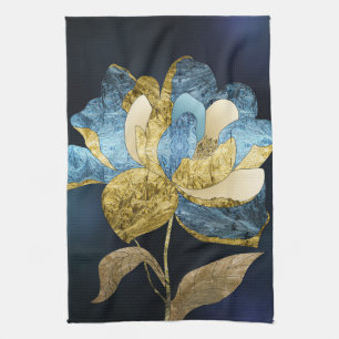 Blue and Gold Abstract Flower with Textured Petals Tea Towel