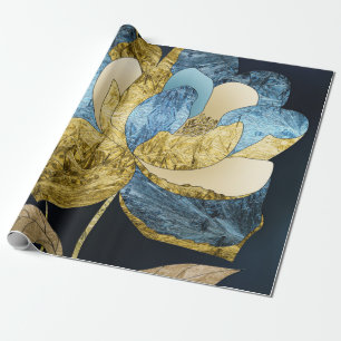 Blue and Gold Abstract Flower with Textured Petals Wrapping Paper