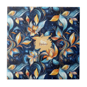 Blue and Gold Abstract Paisley Leaves (2) Ceramic Tile