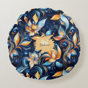 Blue and Gold Abstract Paisley Leaves (2) Round Cushion