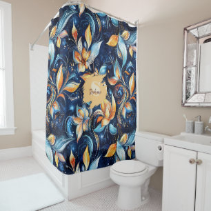 Blue and Gold Abstract Paisley Leaves (2) Shower Curtain