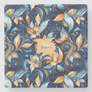 Blue and Gold Abstract Paisley Leaves (2) Stone Coaster