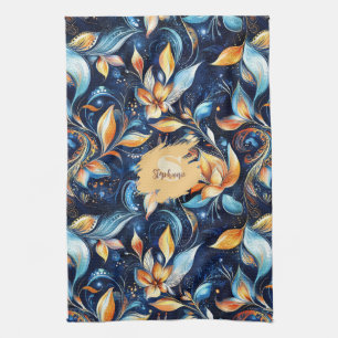 Blue and Gold Abstract Paisley Leaves (2) Tea Towel