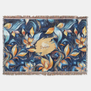 Blue and Gold Abstract Paisley Leaves (2) Throw Blanket