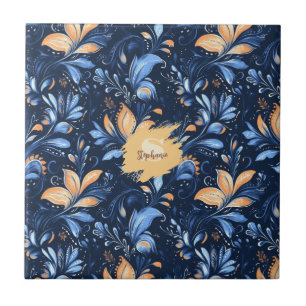 Blue and Gold Abstract Paisley Leaves (3) Ceramic Tile