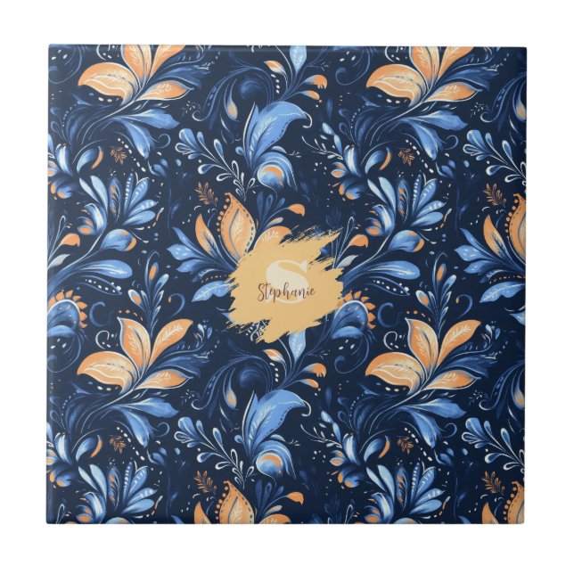 Blue and Gold Abstract Paisley Leaves (3) Ceramic Tile (Front)