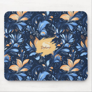 Blue and Gold Abstract Paisley Leaves (3) Mouse Pad