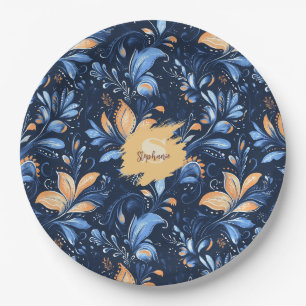 Blue and Gold Abstract Paisley Leaves (3) Paper Plate