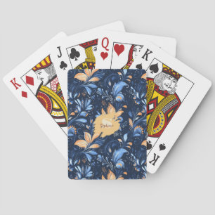 Blue and Gold Abstract Paisley Leaves (3) Playing Cards