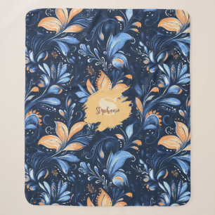 Blue and Gold Abstract Paisley Leaves (3) Sherpa Blanket