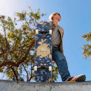 Blue and Gold Abstract Paisley Leaves (3) Skateboard