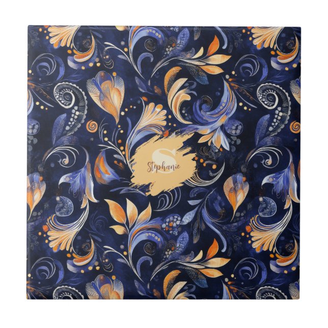 Blue and Gold Abstract Paisley Leaves Ceramic Tile (Front)