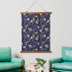 Blue and Gold Abstract Paisley Leaves Hanging Tapestry