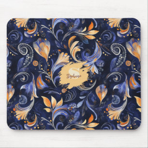 Blue and Gold Abstract Paisley Leaves Mouse Pad
