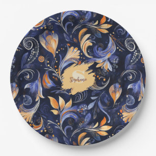 Blue and Gold Abstract Paisley Leaves Paper Plate