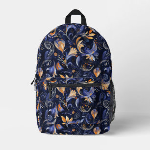 Blue and Gold Abstract Paisley Leaves Printed Backpack