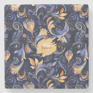 Blue and Gold Abstract Paisley Leaves Stone Coaster