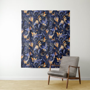 Blue and Gold Abstract Paisley Leaves Tapestry
